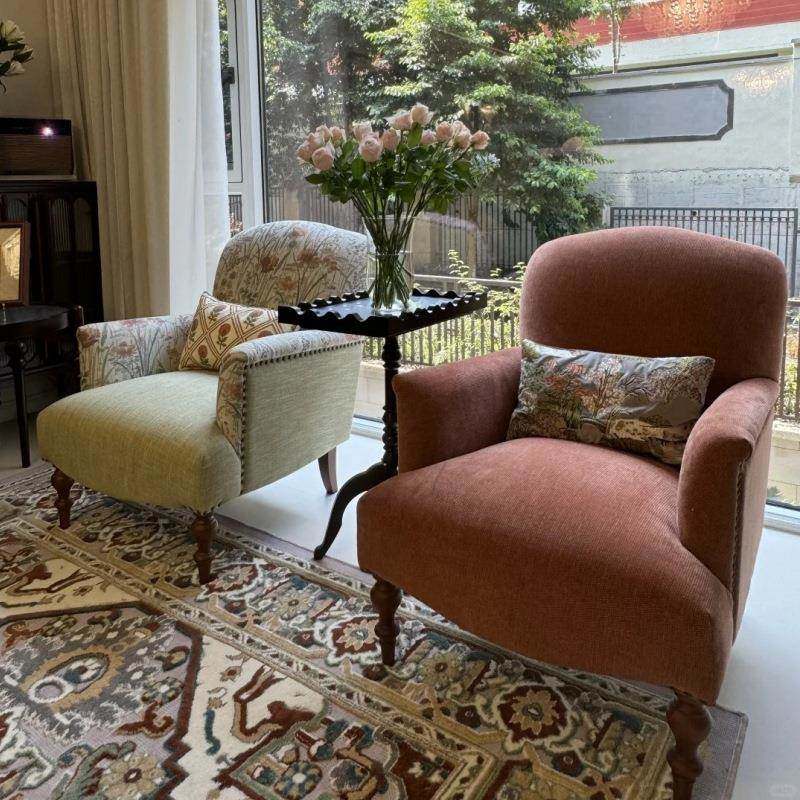 式复FS758509古实木沙发椅书房客厅布单人老虎法椅美式轻奢休闲椅