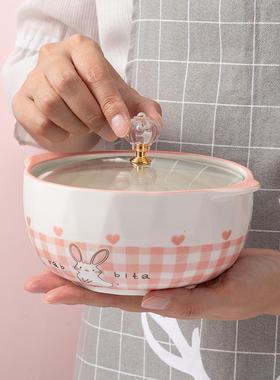 爱碗卡通陶瓷双0耳泡面碗带盖学生宿舍用方便68140面家用汤碗225