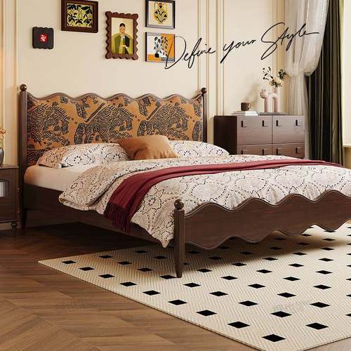 奢包新款法式轻复古波浪软双人2古风美式床实木床024简约ltao1019