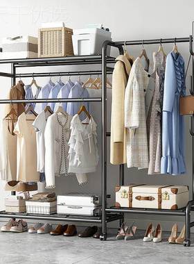 落可地挂衣架卧家用移动双杆物置AZS室衣帽架简易收纳架立式晾衣