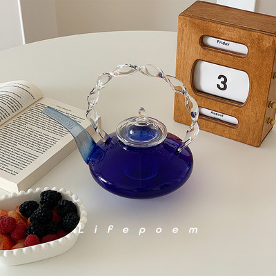 Lifepoem克莱因蓝玻璃茶壶可加热韩国简约设计师扭纹功夫茶具