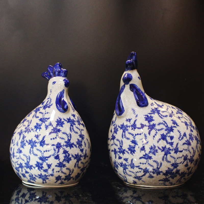 欧式裂纹景德镇陶瓷対鸡 结婚礼物青花瓷摆件玄关装饰品 田园摆设