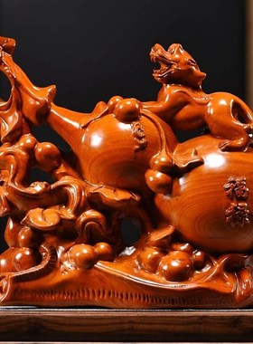 花梨实木雕刻福禄貔貅摆件木头根雕发财葫芦神兽皮秋红木质工艺品