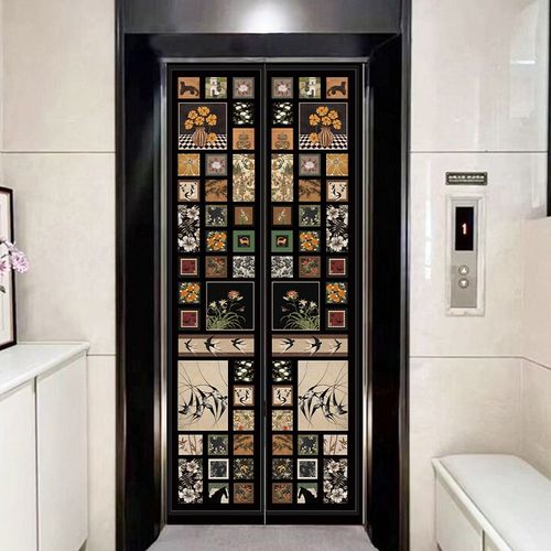 中古风入户电梯门贴酒店家用花鸟双开门定制装饰自粘防水贴画