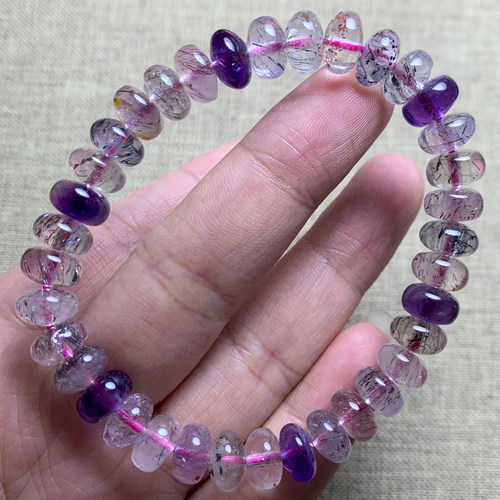 天然老矿三轮骨干超七盘珠水晶手链云母发丝金草莓晶手串饰品礼物