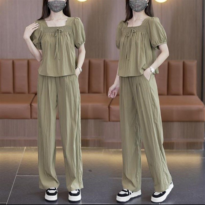 方领阔腿裤套装女2025夏季新款小个子时尚洋气减龄雪纺宽松两件套