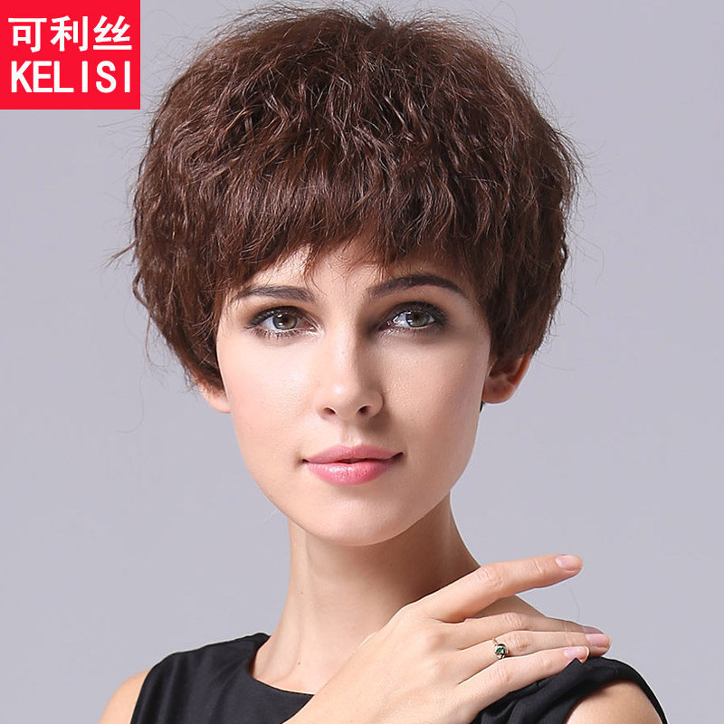 高贵真发假发女短发真人发圆脸妈妈蓬松卷小波浪女全头套时尚V08