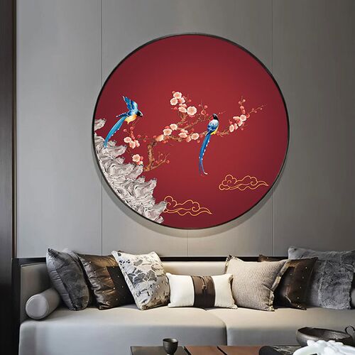 喜上眉梢梅圆形挂画新玄饰画走廊过道壁画鸟客厅墙画