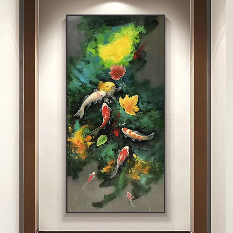 新玄九鱼图纯手绘锦鲤油画客厅走廊过道大芬村饰挂画