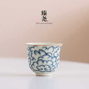 汝窑祥云品茗杯陶瓷功q夫茶具单杯复古个人家用会客花边茶杯喝茶