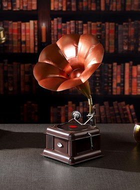 客厅欧式复古留声机老款大喇叭铁艺模型电视柜装饰品摄影道具