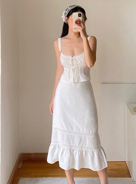 ooh itch痒痒朱莉套装白色法式蕾丝吊带背心a字鱼尾半身裙