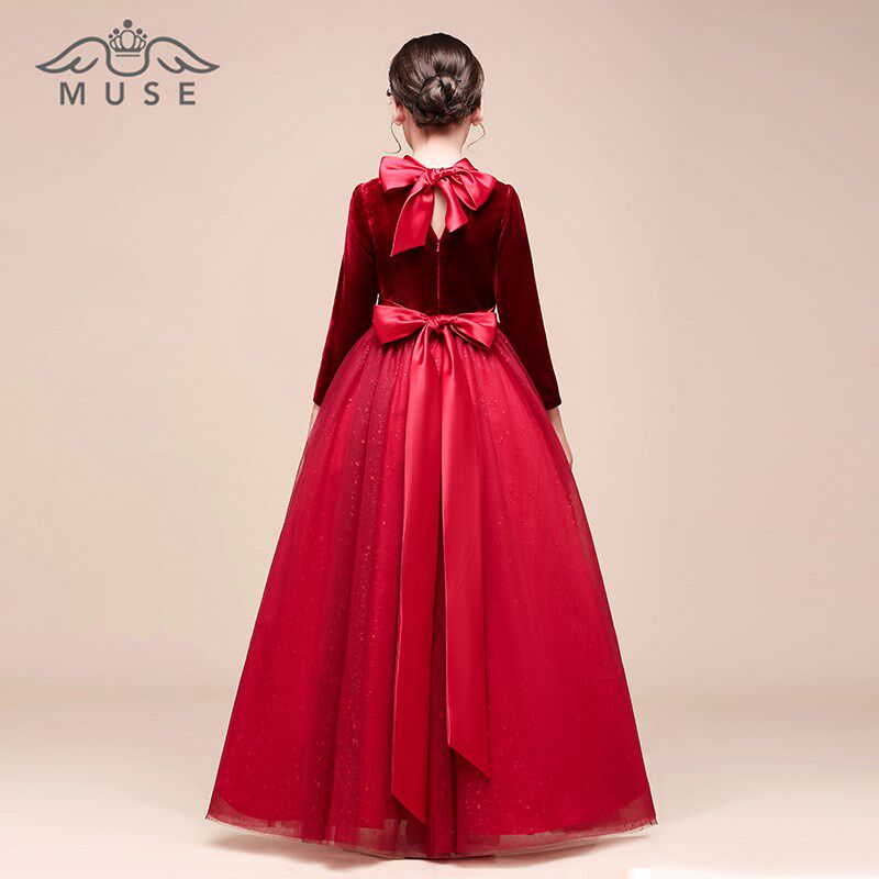 花童礼服女秋冬儿童主持人钢琴演出服长袖丝绒长款小女孩公主裙