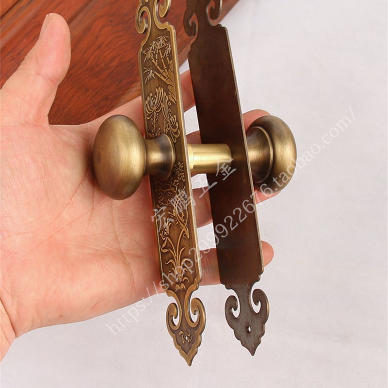 新中式纯铜木门把手仿古饭店民宿黄铜田园房门执手加长柜门拉手