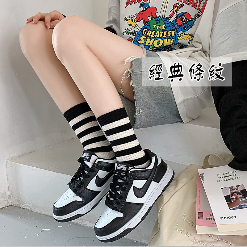 满300减30元夏天黑色袜子女款春秋薄款棉潮条纹纯棉秋冬中筒诸暨