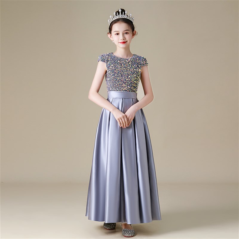 高端灰色闪亮小提琴钢琴演出服管弦乐团合唱毕业表演女童晚礼服春