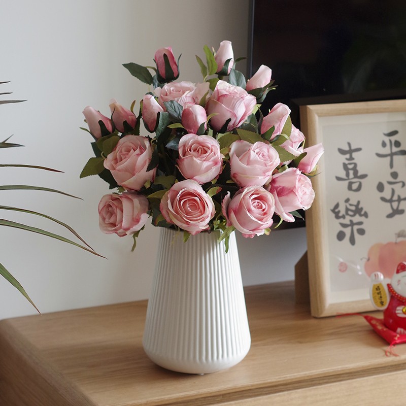 客厅玫瑰花仿真花摆设轻奢餐桌假花摆件装饰花束绢花艺防真塑料花