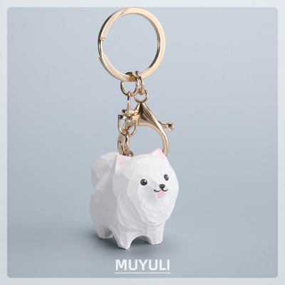 手工木雕萨摩耶丨生肖小狗钥匙扣包包书包背包情侣挂件钥匙链礼物