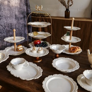 法式多层陶瓷水果盘浮雕高脚托盘冷餐茶歇下午茶点心架零食茶点盘