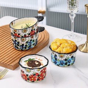 可爱陶瓷碗儿童宝宝辅食碗家用烘焙甜品舒芙蕾烤碗带把手的蒸蛋碗