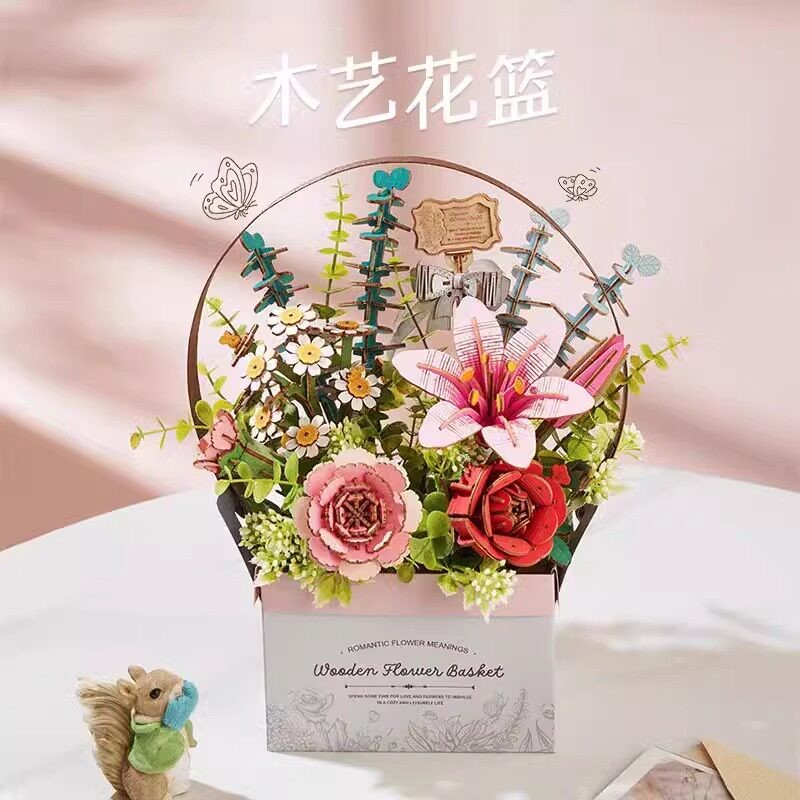 若客木艺花篮高级榫卯摆件女生立体diy手工木质益智拼装玩具玫瑰