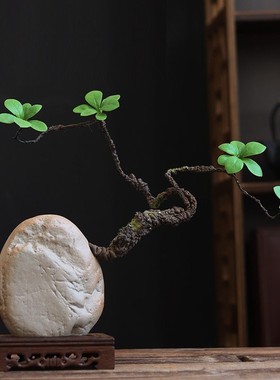 禅意复古陶瓷仿石头花瓶插花仿真花客厅书房玄关桌面家居装饰摆件