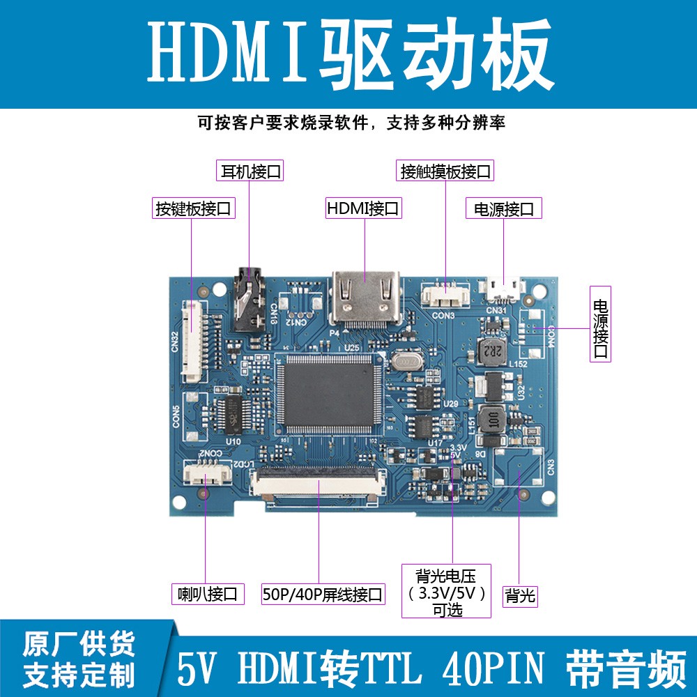 通用屏幕驱动板40P50P液晶屏改显示器HDMI转TTL工控电脑机箱副屏