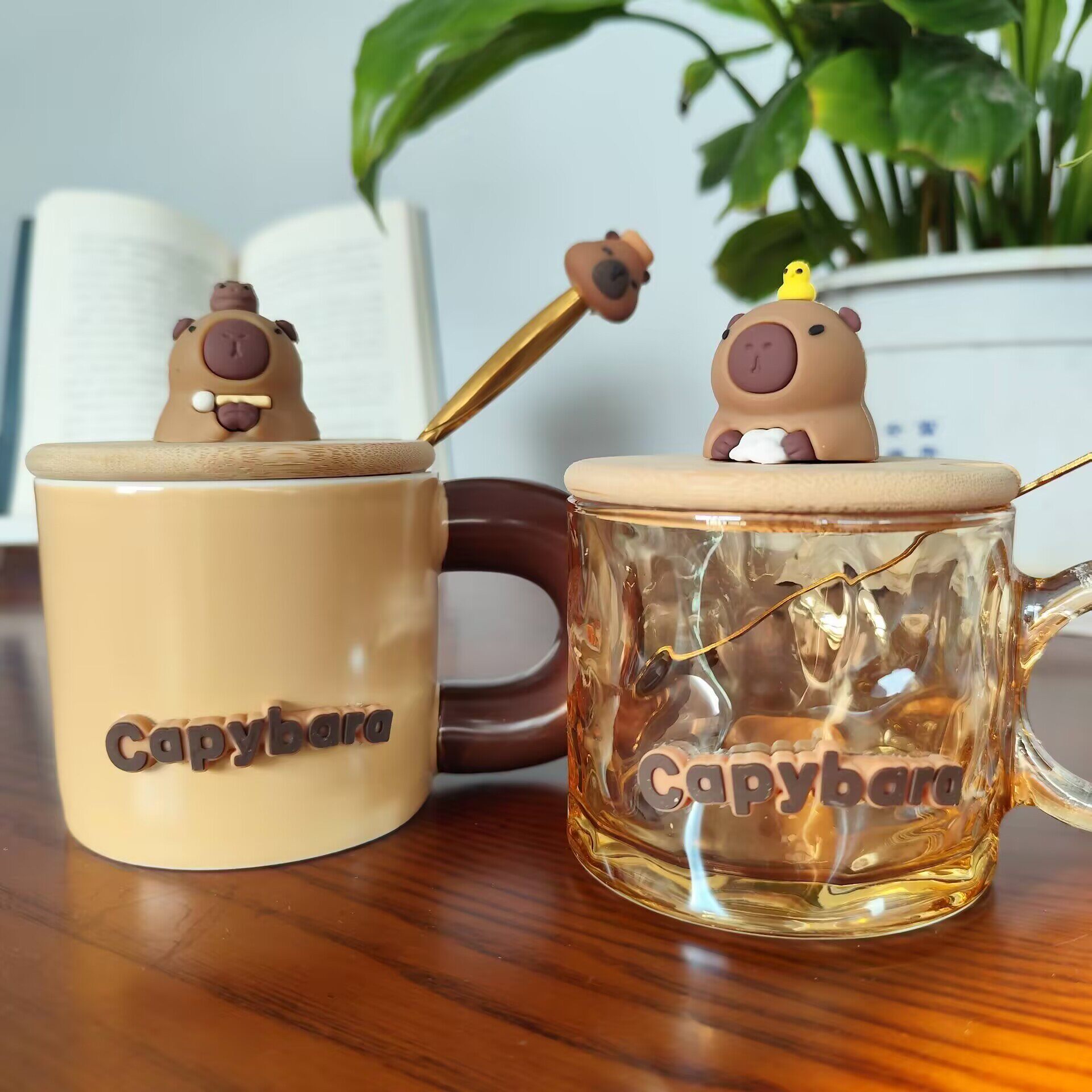 陶瓷玻璃卡皮可爱水豚杯带勺子巴拉马克咖啡早餐奶茶杯