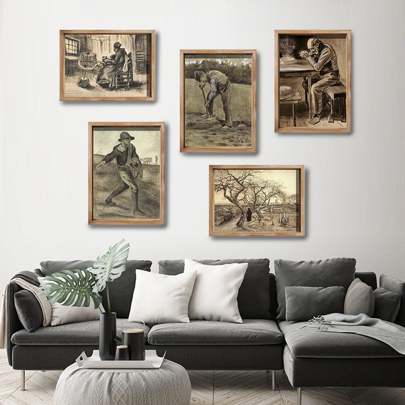 设计师推荐款~梵高素描作品装饰画~风景人物大师手绘风组合木挂画