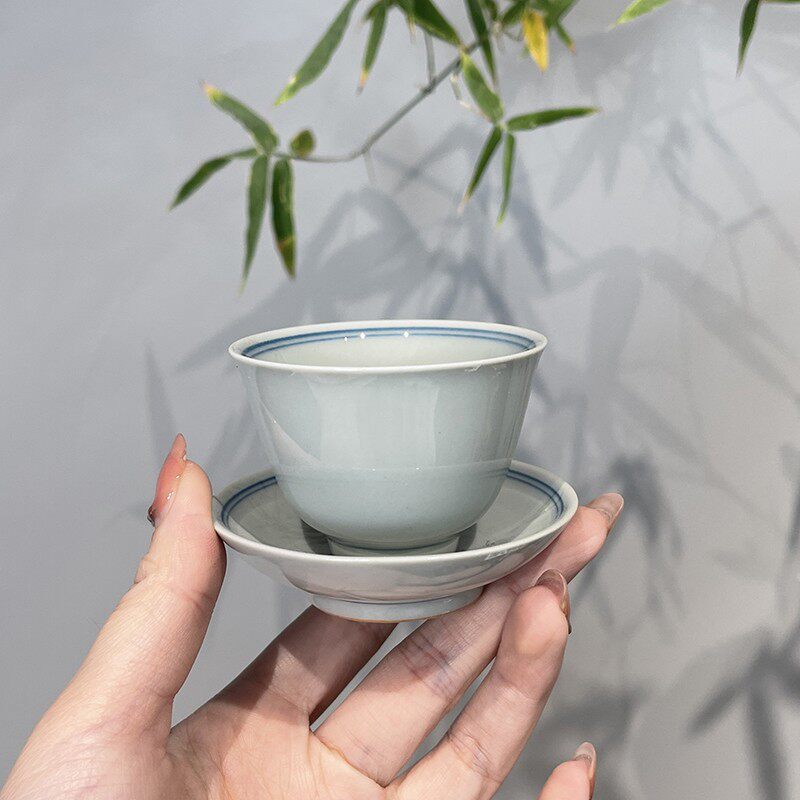 惊蛰手绘双线小茶杯仿古青瓷釉下彩品杯小号文人茶杯杯垫组打线杯