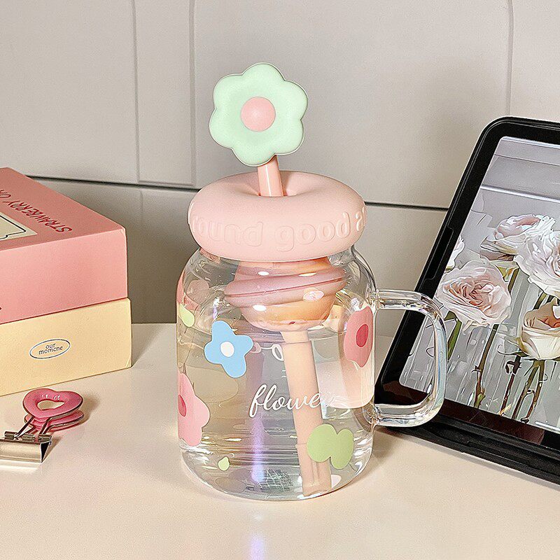 夏季带把手吸管玻璃马克杯透明带盖女生高颜值办公室水杯子大容量