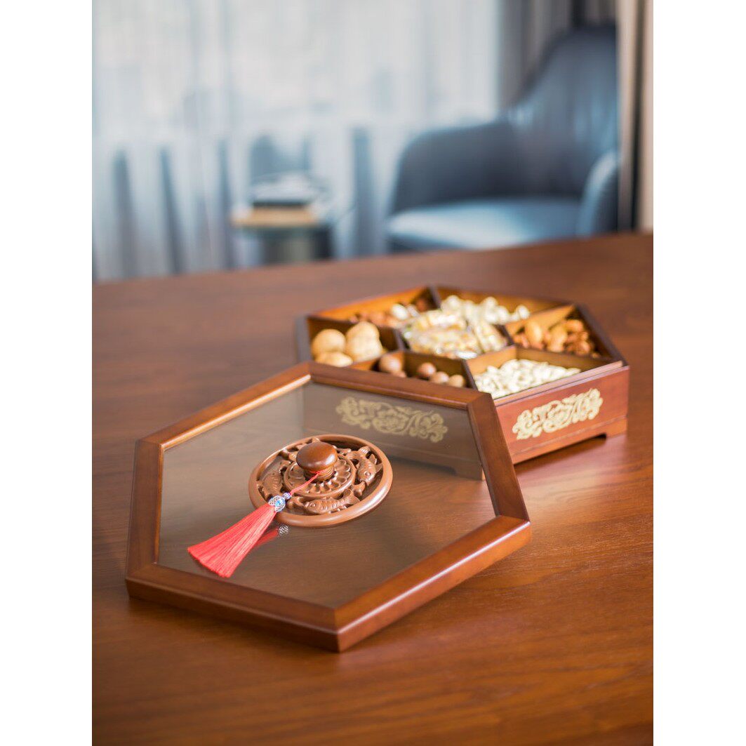 实木分格双层带盖点心盒子创意瓜子零食坚果盒客厅家用果盘干果盒