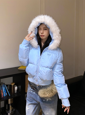 NowAndHere美式可拆卸毛领连帽短款棉服女冬季辣妹修身显瘦面包服