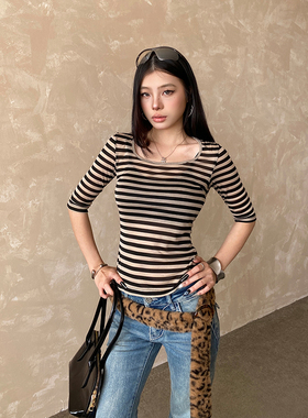 NowAndHere古早韩系修身条纹T恤女五分袖微透显瘦U领中袖休闲上衣
