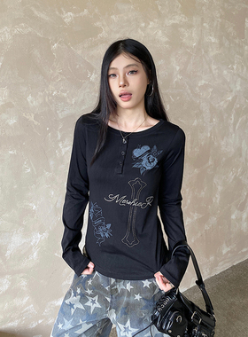 NOWANDHERE千禧复古烫钻长袖T恤Y2K辣妹女修身收腰打底上衣秋款