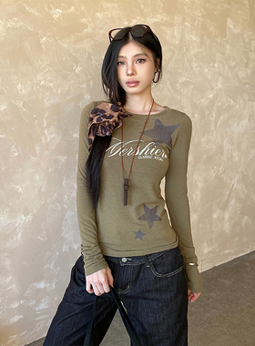 NOWANDHERE美式星星军绿色长袖T恤辣妹修身显瘦打底衫古早感上衣