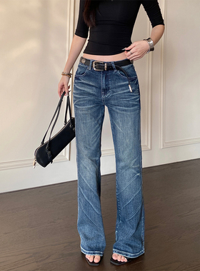 NowAndHere美式深蓝猫须微喇牛仔裤女cleanfit长裤复古水洗长裤