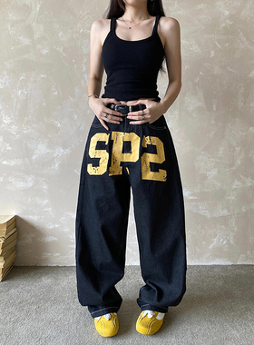 NOWANDHERE美式复古印花阔腿牛仔裤男女直筒宽松休闲街头Y2K长裤