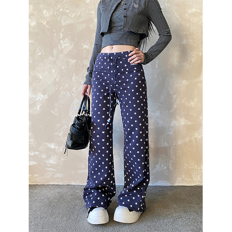 美式星星满印微喇裤女抽绳休闲裤