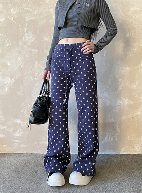 NOWANDHERE美式星星满印微喇裤女抽绳休闲裤修身显瘦垂感拖地长裤