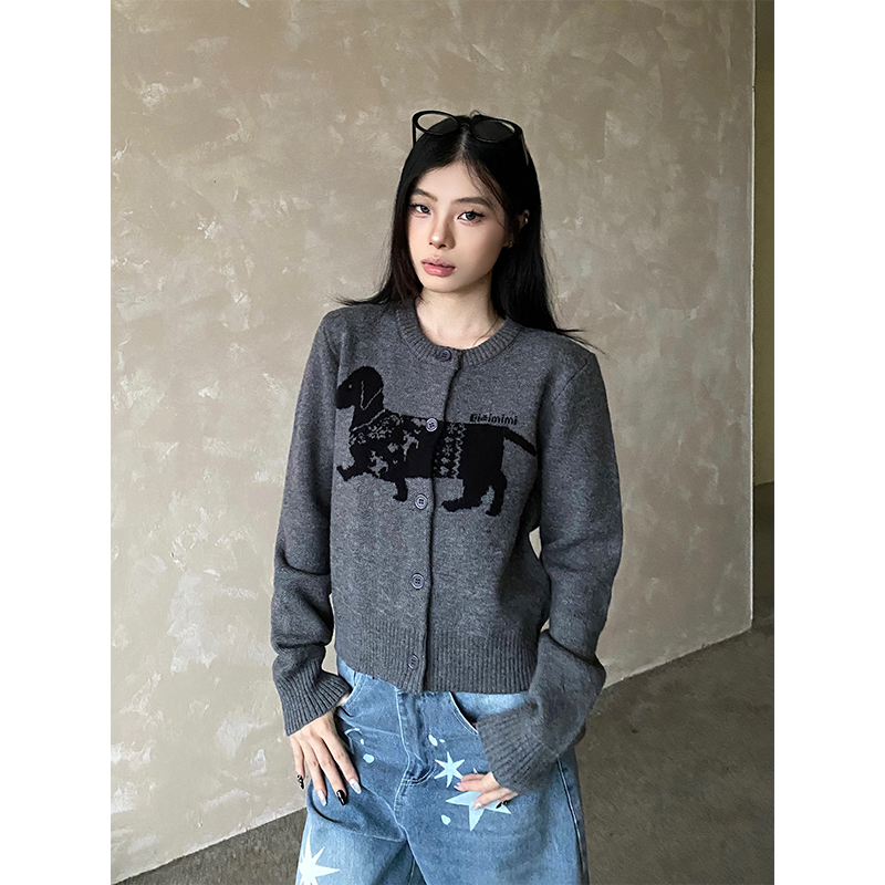 美式小狗提花针织毛衣女