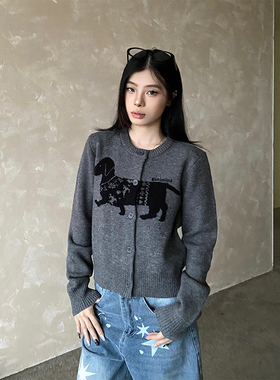 NOWANDHERE美式小狗提花针织毛衣女秋季百搭显瘦慵懒圆领开衫外套