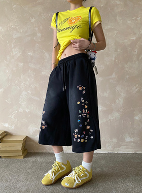 NOWANDHERE卡通印花休闲七分裤男女街头做旧渐变宽松短裤潮夏季