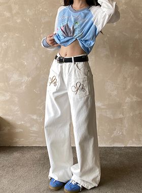 NOWANDHERE美式复古刺绣水洗牛仔裤设计感直筒休闲阔腿百搭长裤