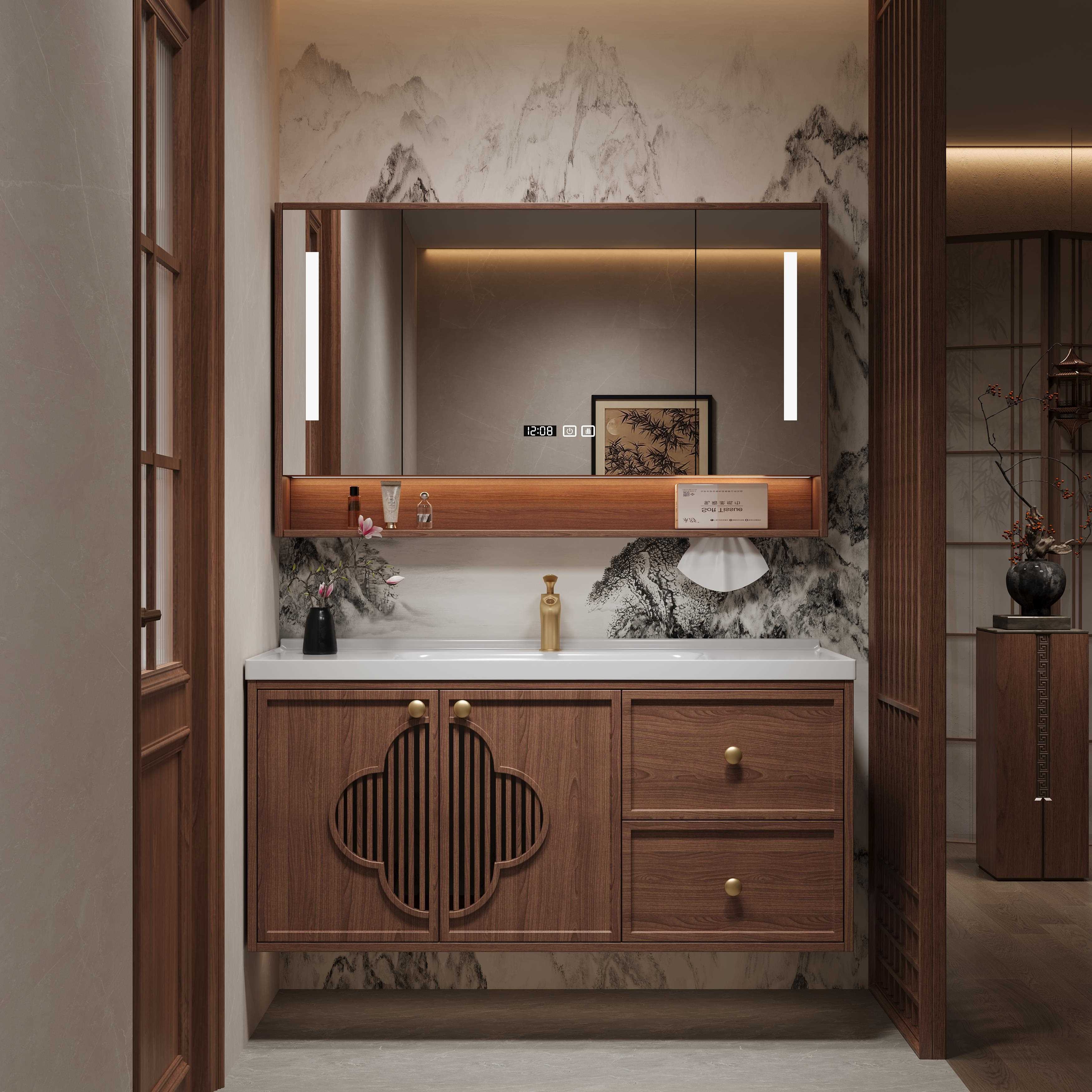 宋式美学岩板热弯陶瓷一体盆浴室柜组合中古风卫生间洗手盆洗漱台