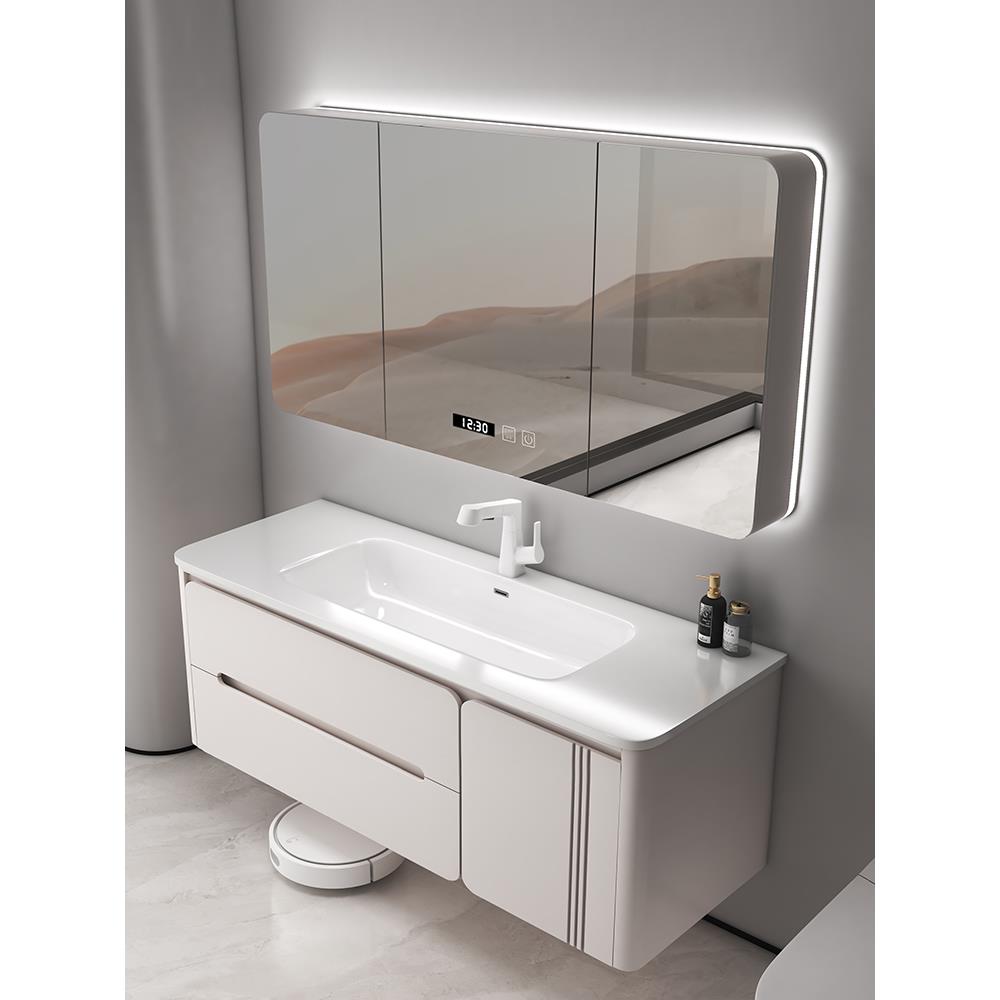 橡木实木烤漆浴室柜组合陶瓷一体盆卫生间岩板热弯洗手池洗脸盆柜