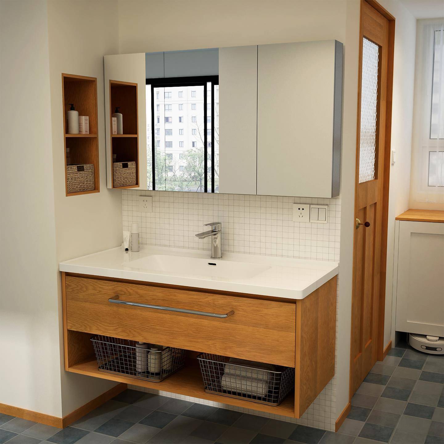 白橡木色实木烤漆浴室柜组合陶瓷一体洗脸盆卫生间洗漱台洗手池90