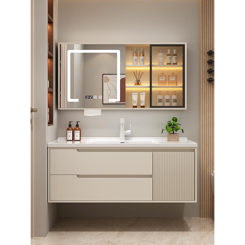 奶油风浴室柜陶瓷一体盆智能卫浴柜组合卫生间洗漱台洗手洗脸盆柜