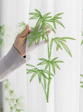 新中式绿色竹子绣花窗帘中国风画室茶馆窗纱客厅隔断帘四合院纱帘