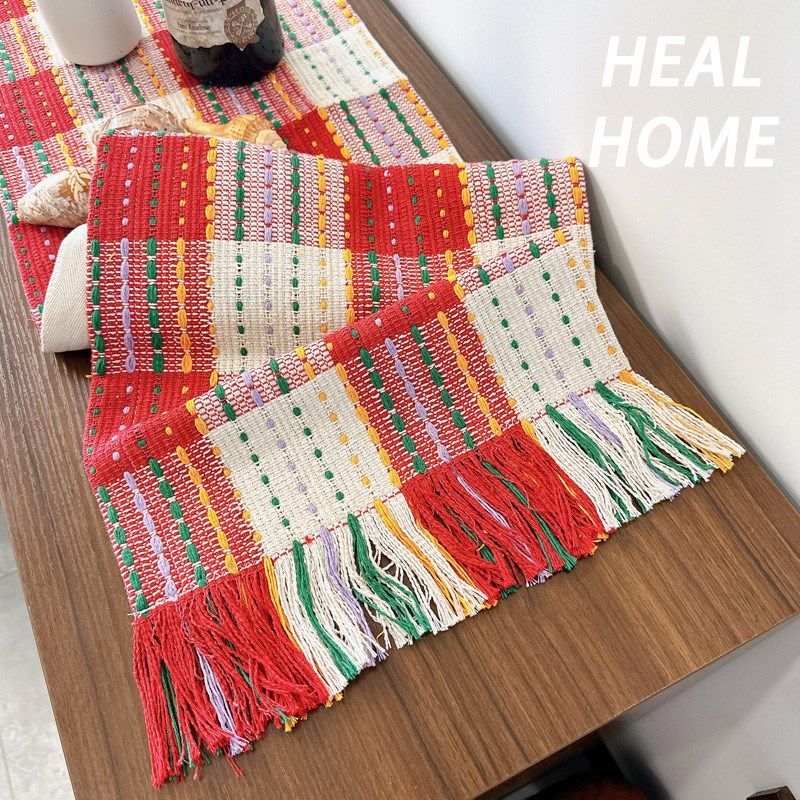 复古红白格编织流苏棉线长条桌旗桌布茶艺餐垫桌垫派对拍照道具布